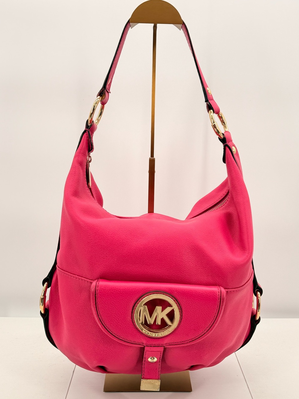 MICHAEL KORS Hot Pink Leather Hobo Shoulder Bag Gold MK Logo